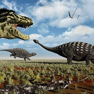 A Tyrannosaurus Rex hunting down a pair of Ankylosaurus dinosaurs