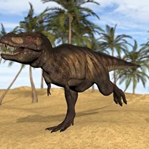 Tyrannosaurus Rex running in a prehistoric environment
