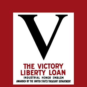 Vintage World War II poster showing a large V for victory