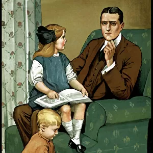 World War I poster of a little girl sitting on her fathers lap and a boy playing