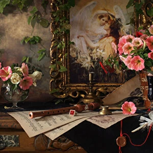 Still life with flowers and picture