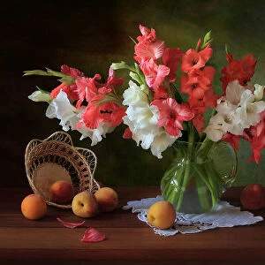 Still life with gladioli and peaches