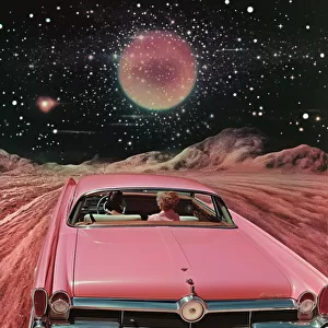 Pink Vintage Car in Space Collage Art