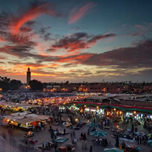 Sunset over Jemaa Le Fnaa Square in Marrakech, Morocco