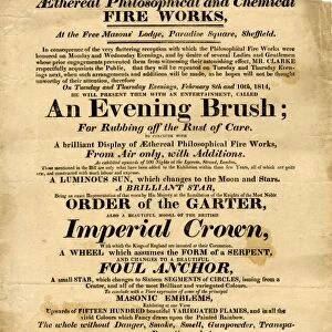 Advertisement for Aethereal Philosophical and Chemical Fireworks by Mr Clarke at the Freemasons Lodge, Paradise Square, 1814