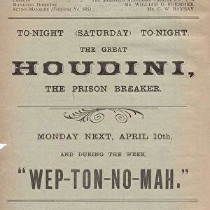 Advertisement for the Great Houdini, The Prison Breaker, Alexandra Theatre, Sheffield, Yorkshire, 1905
