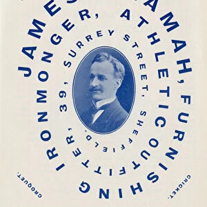 Advertisement for James Bramah, furnishing ironmonger, athletic outfitter, 39 Surrey Street, Sheffield, Yorkshire, 1907