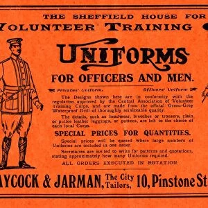 Advertisement: uniforms for the Sheffield Volunteer Training Corps from Haycock and Jarman, Pinstone Street, 1915
