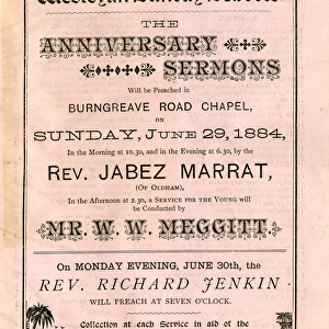 Cover of programme for the anniversary sermons at Burngreave Road Wesleyan Sunday Schools, 1884
