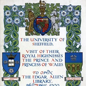 Cover of programme for the visit of their Royal Highnesses the Prince and Princess of Wales to open the Edgar Allen Library, 1909