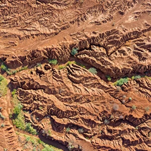 Aerial view of soil erosion, around Lake Bogoria, Kenya, September 2019