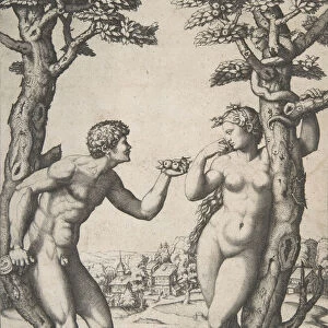 Adam and Eve flanked by two trees, a town in the background, ca. 1512-14. Creator: Marcantonio Raimondi