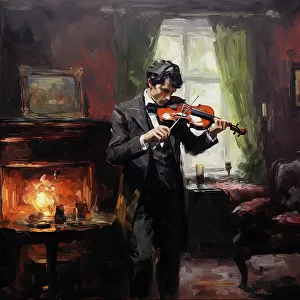 AI IMAGE - Sherlock Holmes playing the violin in his rooms at 221B Baker Street, 2023. Creator: Heritage Images