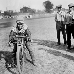 American speedway rider Art Pecha on his Harley-Davidson, Lea Bridge Stadium, Leyton, London, 1928