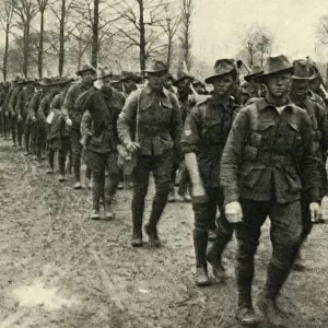 ANZAC soldiers marching to the front, France, First World War, c1916, (c1920). Creator: Unknown