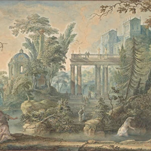 Arcadian Landscape with several Figures and a Statue of Apollo, 18th century