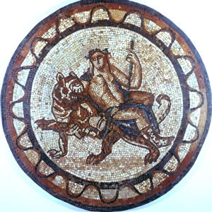 Bacchus, Ancient Roman god of Wine, riding on a tiger, Roman mosaic, 1st or 2nd century