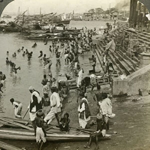 Bathing at a Ghat on the Ganges, Calcutta, India, c1900s(?). Artist: Underwood & Underwood
