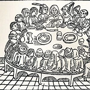 The Canterbury Pilgrims sitting down for a shared meal, 1485. Artist: William Caxton