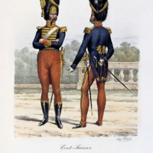 Cent-Suisses, Caporal (grande tenue), Adjudant-Major Lieutenant (petite tenue), 1814-17 Artist: Eugene Titeux