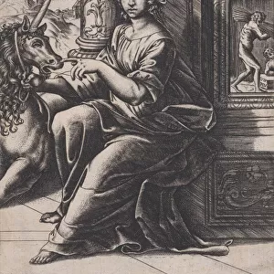 Chastity, a woman seated, a unicorn to her right, c. 1515-30. Creator: Agostino Veneziano