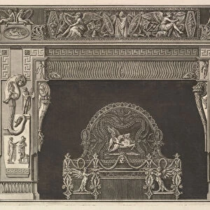 Chimneypiece: Frieze of trophies and winged Victories on the lintel, with cornucopias