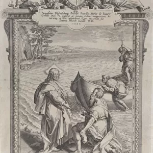 Christ calling Saint Andrew, who kneels before him on a beach, and Saint Peter