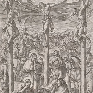 Christ crucified between the two thieves, the three Marys at the foot of the cross, 1612