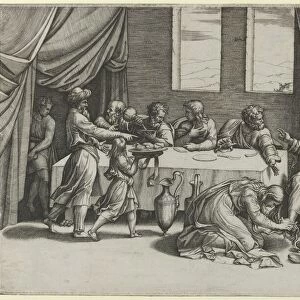 Christ at the table of Simon the Pharisee, Mary Magdalene washing his feet with her... ca. 1520-25. Creator: Marcantonio Raimondi