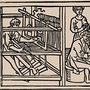 Combing, spinning and weaving of wool. From Speculum Vitae Humanae by Rodericus Zamorensis, 1479