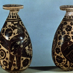 Corinthian vases decorated with black figures of animals, fantastic creatures and floral motifs