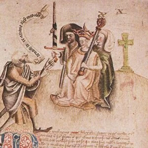 Coronation of King Alexander III on Moot Hill, Scone. From manuscript of the Scotichronicon by Walte Artist: Anonymous