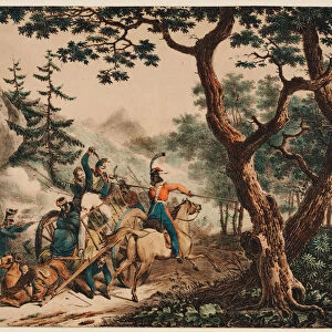 Cossacks attacking French soldiers in a forest, 1825. Artist: Anonymous