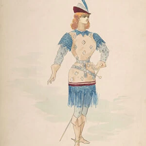 Costume Design for a Cavalier (?) in Blue and Burgundy with Feathered Cap and Sword, n. d