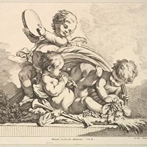 Three Cupids, Two Playing Music, One Holding Palm Leaves. Creator: Louis Felix de la Rue