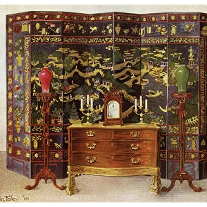 Curved commode table and Chinese lacquered eight fold screen, 1911-1912. Artist: Edwin Foley