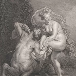 Deianeira receiving the poisoned tunic from Nessus, and the wounded centaur falling to