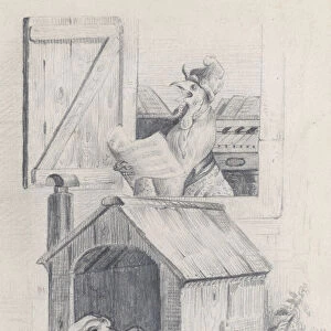 Dog in doghouse; cock singing at window, ca. 1842. Creator: Jean Ignace Isidore Gerard