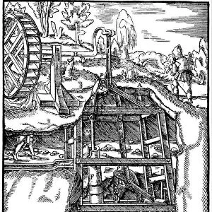 Draining a mine using a series of suction pumps powered by a water wheel, 1556