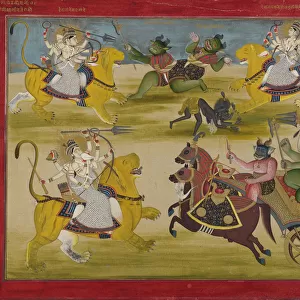 Durga fighting the rakshashas Shunga and Nishunga, from a Devi Mahatmya, mid 19th century