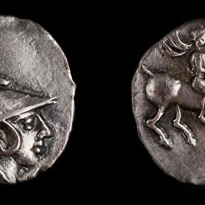 Emporiae coin. Obverse: Head of Athena with Corinthian helmet, 4th century BC. Artist: Numismatic, Ancient Coins