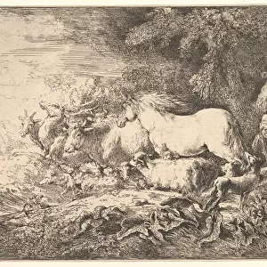 Entry of the animals into Noahs ark, three men follow quadrupeds and birds stridin