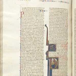 Fol. 435v, Romans, historiated initial P, Paul seated with a sword talking to the bust of God
