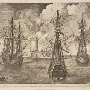 Four-Master (Left) and Two Three-Masters Anchored near a Fortified Island with a Lighth