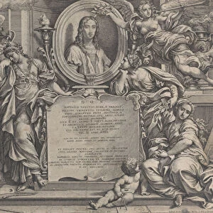 Frontispiece with oval portrait of Raphael, with three allegorical figures of the Arts