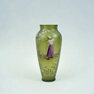Hand-painted glass vase showing lady golfer, 10 1 / 2 inches high, c1905