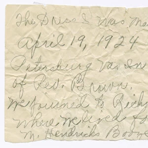 Handwritten note from Magdalene Hendricks Booze, mid 20th century