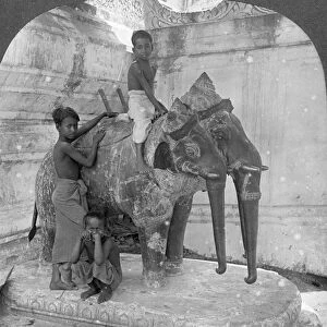 Three headed elephant guarding a sanctuary, Arakan Pagoda, Mandalay, Burma, 1908. Artist: Stereo Travel Co