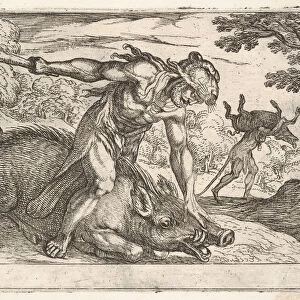 Hercules and the Boar of Erymanthus: Hercules holds down the boars snout with his left