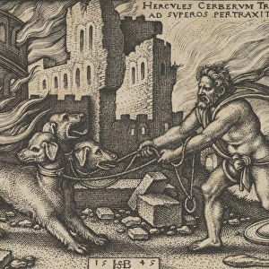Hercules Capturing Cerberus, from The Labors of Hercules, 1545. Creator: Sebald Beham